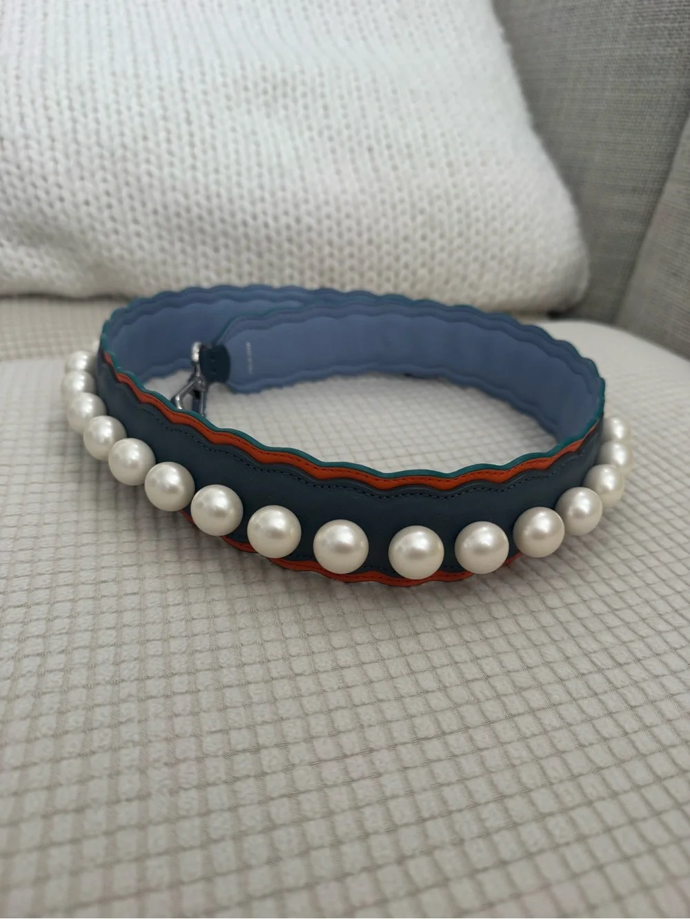 Fendi Roma Pearl Studded Scalloped Leather Bag Shoulder Strap in Blue